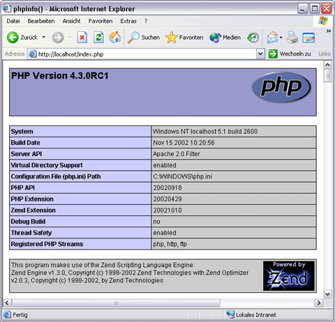 Screenshot phpinfo() mit Zend Optimizer
